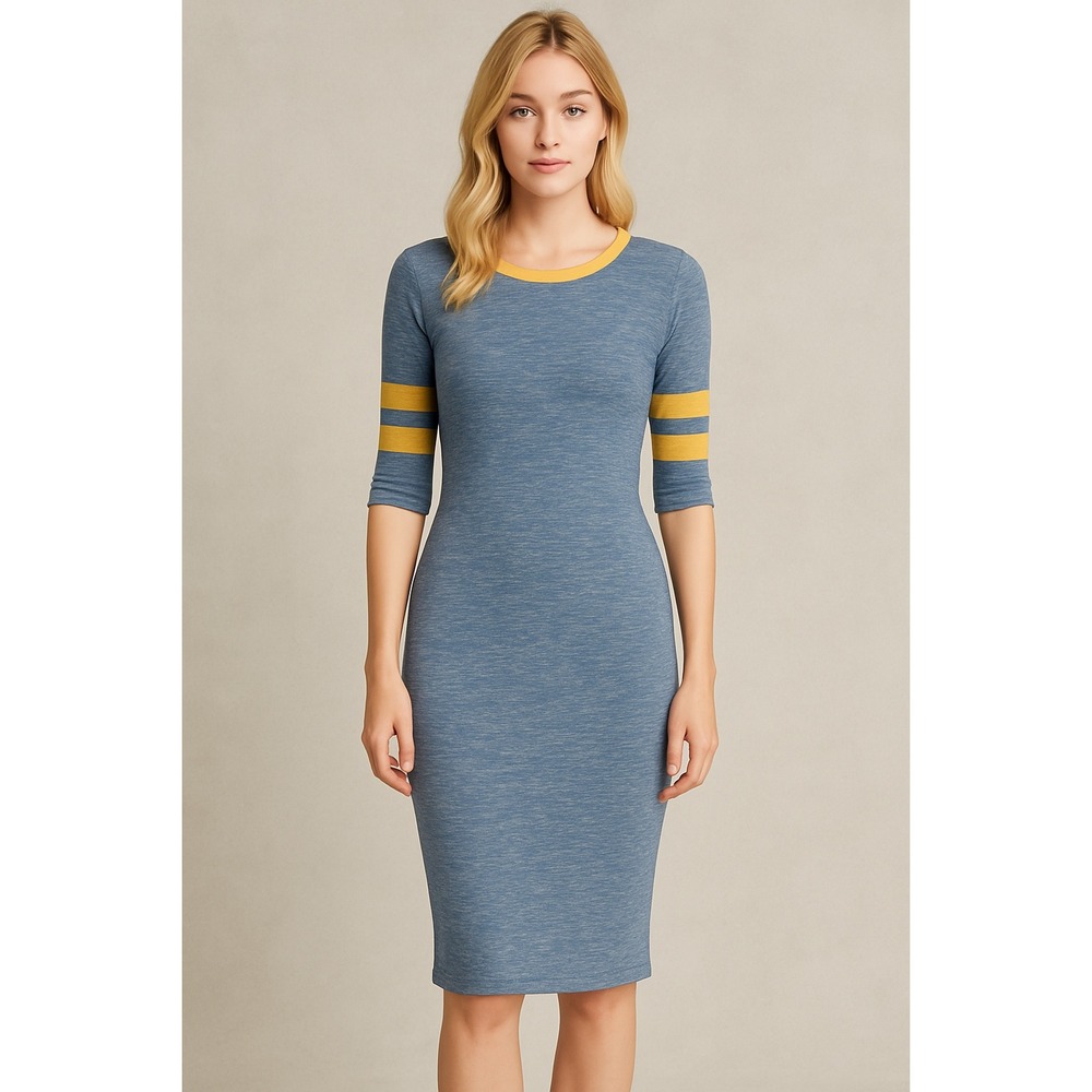 LuLaRoe Julia Bodycon Dress Blue Yellow‎ Striped Sleeves XXS NWT